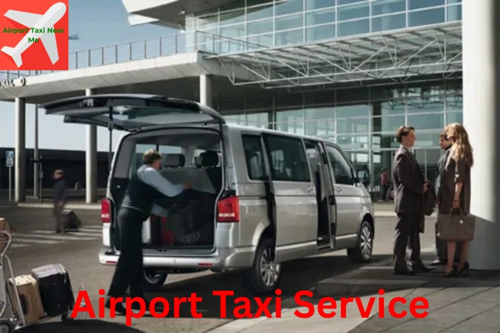 Airport taxi waiting at the terminal entrance, ready to pick up travelers with luggage